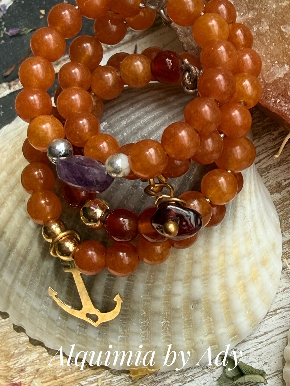 Orange Aventurine Beaded Wrap Ring stack with Gold Anchor Charm